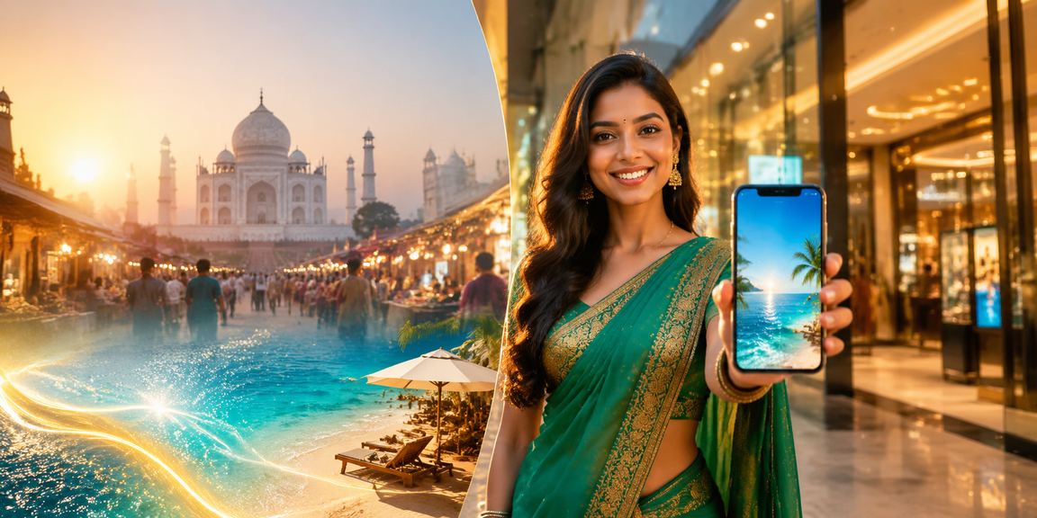 Young woman playing rummy online in Agra, near Taj Mahal