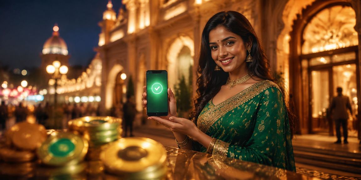 Indian woman using mobile deposit in traditional clothes